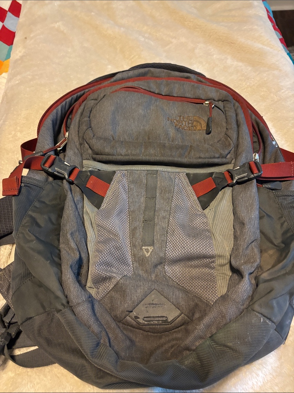 The North Face Grey Backpack with Red Accents